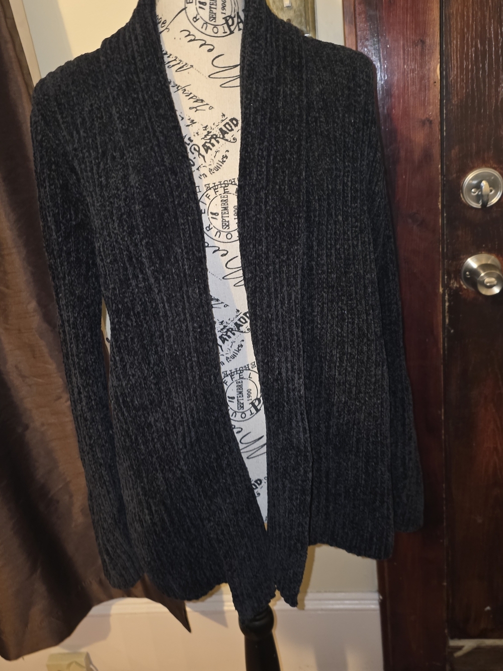 Lands End Black Ribbed Open-Front Sweater Cardigan Medium